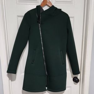 Dark green asymmetrical hooded coat.
